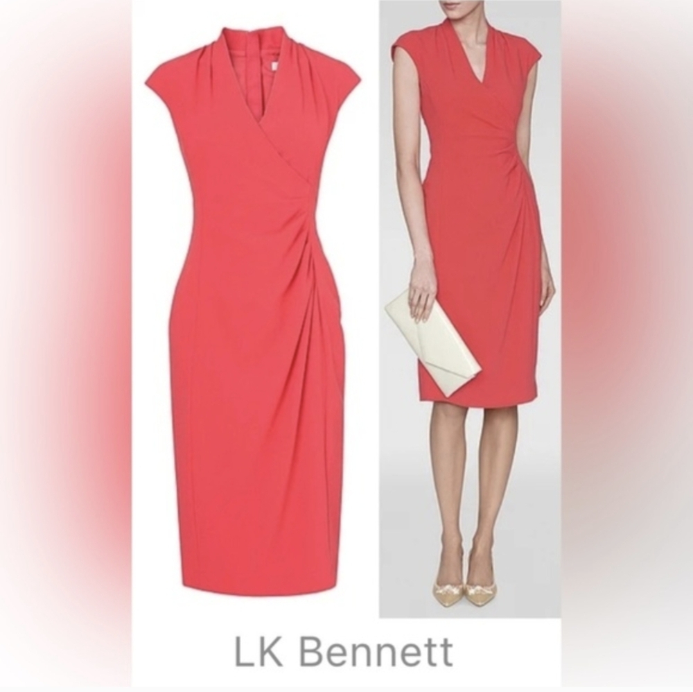LK Bennett London Dr Marlene Pink Jelly Bean Ruched Sheath Dress US 8 UK 12 - Picture 6 of 6
